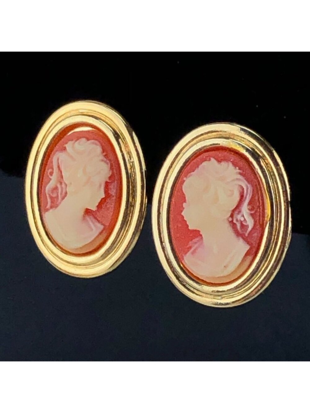 Coral Colored Cameo Gold Tone Clip On Earrings